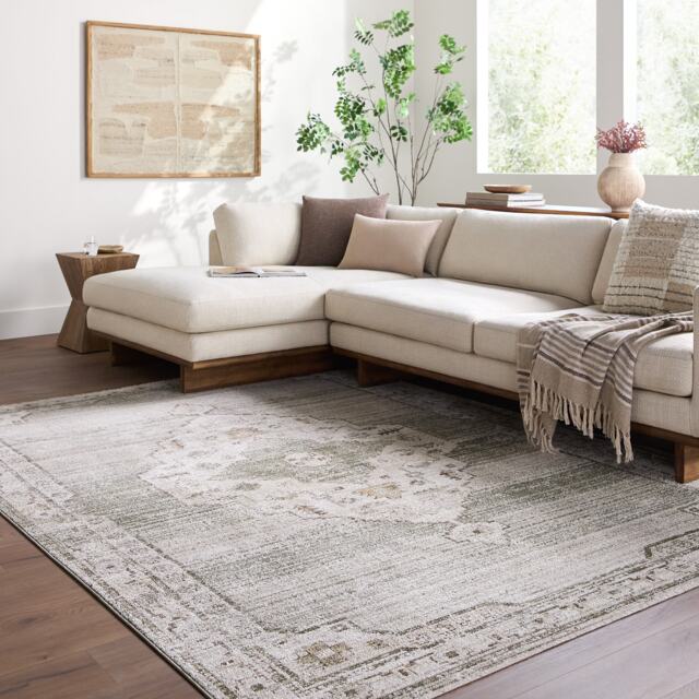 LIVABLISS Fifth Avenue-Vintage Traditional Boho Fringe Rug 200 x 275 cm Grey Off-White Green