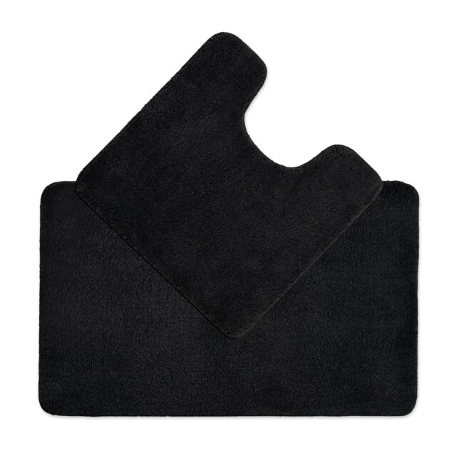Luxury Microfibre Deep Pile Bath Mat and Pedestal Set - Non Slip Black Black