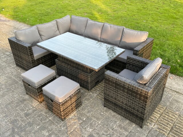 Fimous 9 Seats Dark Mixed Grey Rattan Garden Furniture Corner Sofa Set Adjustable Dining Or Coffee Table Chair Left Corner