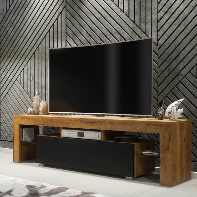TV Unit TV Stand TV Cabinet Media Cabinet Media Unit Entertainment Unit Storage Cabinet Glass Side Shelves Oak Matt Body Black Matt Doors Living Room Furniture 160cm