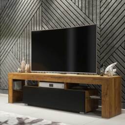 TV Unit TV Stand TV Cabinet Media Cabinet Media Unit Entertainment Unit Storage Cabinet Glass Side Shelves Oak Matt Body Black Matt Doors Living Room Furniture 160cm