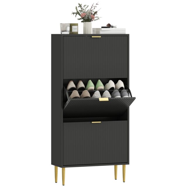 HOMCOM Slim Shoe Storage Cabinet with 3 Flip Drawers for Hallway, Black Black Gold 1