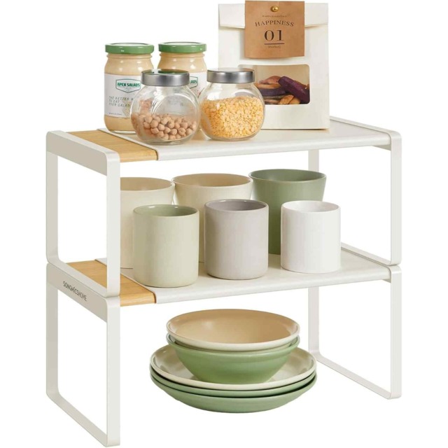 Set of 2 Expandable Spice Racks, Stackable Kitchen Organiser Shelves for Cupboards and Countertops, Light Bamboo and Cream White