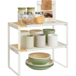 Set of 2 Expandable Spice Racks, Stackable Kitchen Organiser Shelves for Cupboards and Countertops, Light Bamboo and Cream White
