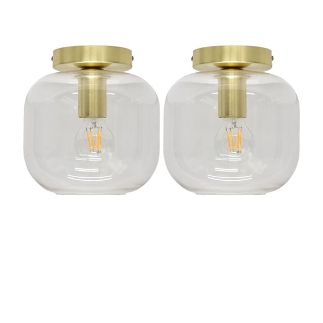 Set of 2 Bletch - Clear Glass Satin Brass Ceiling Light Fittings