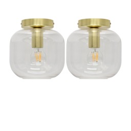 Set of 2 Bletch - Clear Glass Satin Brass Ceiling Light Fittings