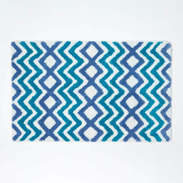 Homescapes Teal and Blue Chevron Cotton Bath Mat Blue 50 x 80 cm