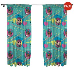 LOL Surprise OMG Beat Pencil Pleat Curtains (Pack of 2) - Turquoise/Pink/Yellow - 72in x 66in Blue