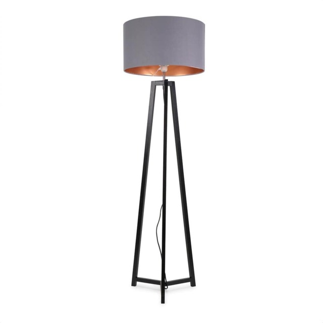 ValueLights Lottie Black Wood Tripod Floor Lamp Grey Gold Shade and Bulb