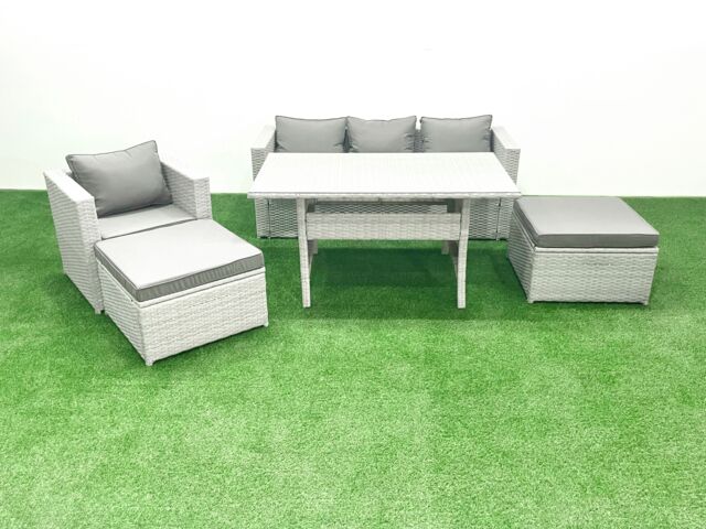 Fimous Rattan Garden Furniture Set Outdoor 6 Seater Patio Dining Sets with Glass Top Dining Table Light Grey Mixed