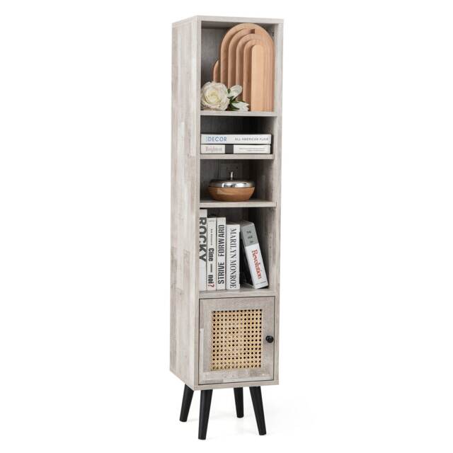 COSTWAY Rattan Storage Cabinet Freestanding Slim Cabinet Boho Accent Bookcase Coffee