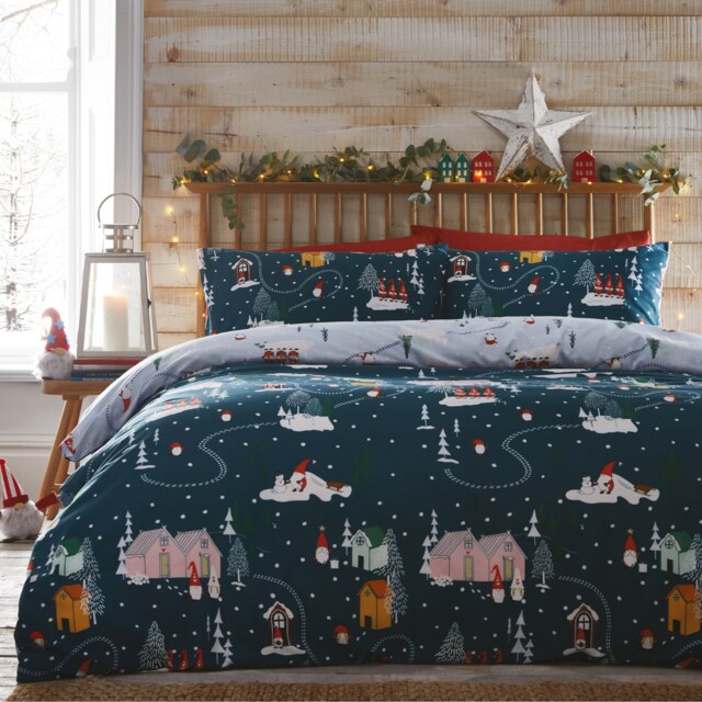 Gonks Village Soft Easy Care Bed Linen Bedding Duvet Cover Quilt Set With Pillow Cases Blue King