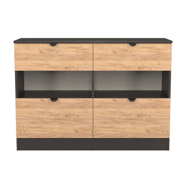 Norway 4 Drawer Open Midi Chest in Gold Craft Oak & Graphite (Ready Assembled) Grey Gold Craft Oak & Graphite