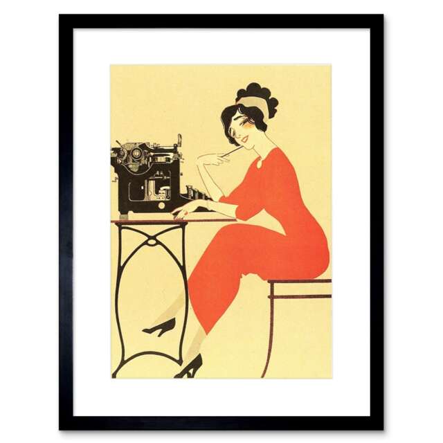 "Typewriter Secretary Woman Red Dress 9x7"" Black Framed Wall Art Print"