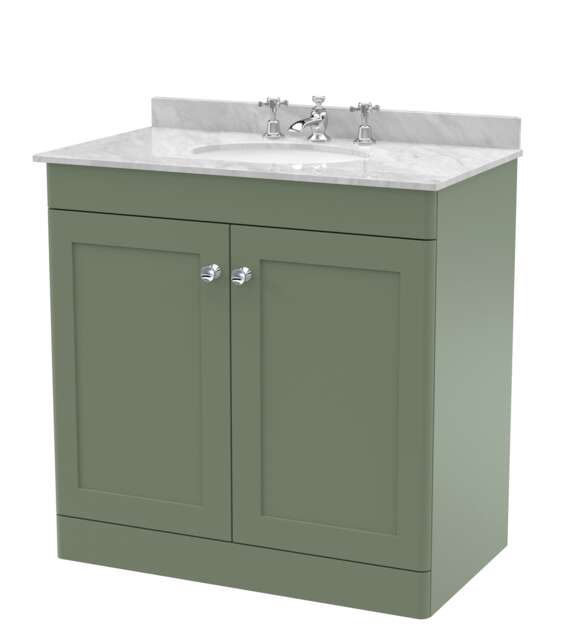 Balterley Swynnerton Traditional 2 Door Floor Standing Vanity Unit with Marble Basin, Satin Green, 800mm