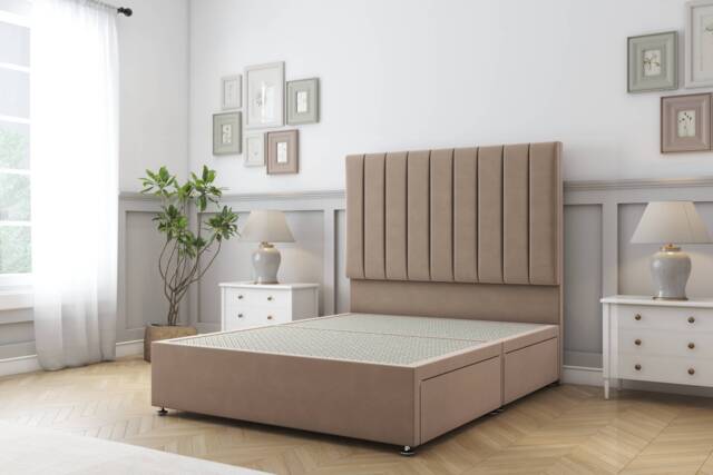 Sloomy Kansas Mink Plush Divan Bed Base 2 Drawers Foot-End With 26 Inch Strutted Headboard Brown Mink King 1