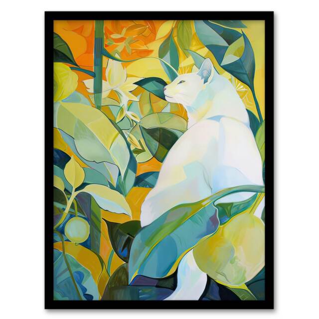 Zen Pet White Cat Lover Garden Leaves Living Room Black Framed Wall Art Print A4