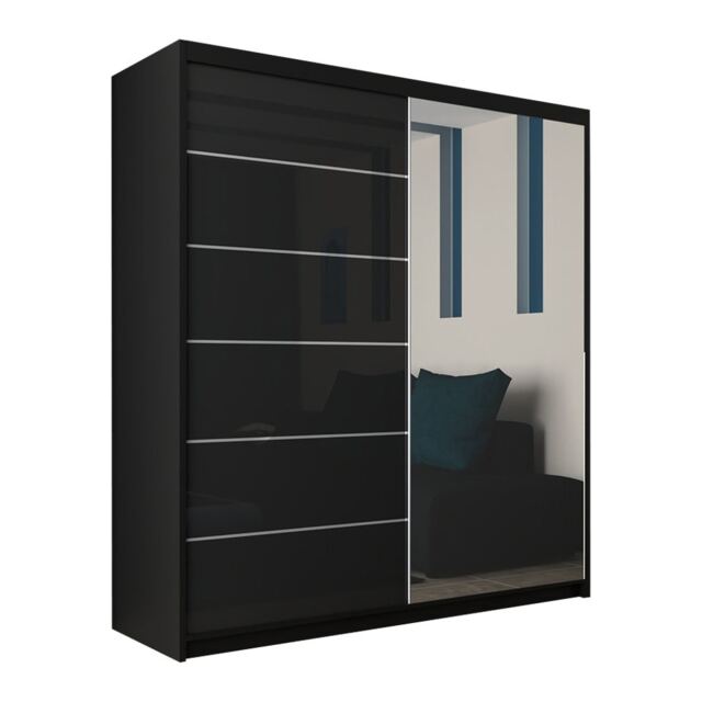 Modern High Gloss Storage Wardrobe with Mirror - Black 180cm