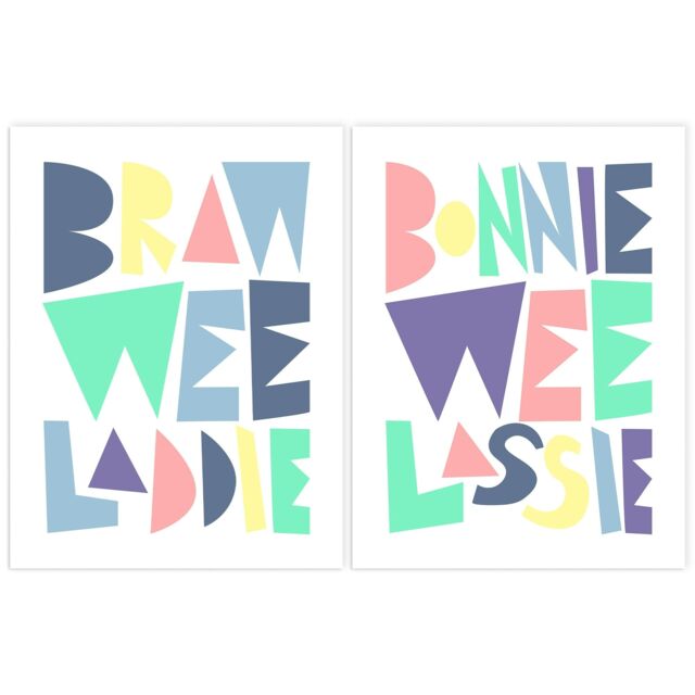 Set of 2 Scottish Baby Kids Childs Nursery Bonnie Wee Lassie Laddie Boy Girl Pastel Colour Wall Art Prints 12x16 Inch