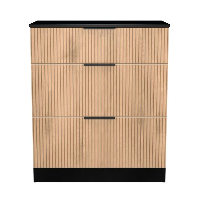 Crete 3 Drawer Deep Chest of Drawers in Slatted Effect & Black (Ready Assembled) Black Slatted Effect / Black