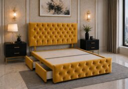 Divan Bed with Upholstered Headboard & Footboard Base 4FT6 Double Mustard Plush 2 Drawers Storage Left Side in Bed