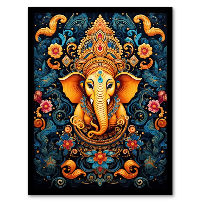 Ganesha Flowers Hindu Orange Vibrant Ornate Floral Elephant Framed Wall Art Print