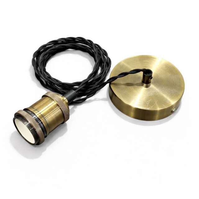CGC Lacey Antique Brass Pendant with Black Twisted 1.5m Adjustable E27 Cable and Matching Ceiling Rose