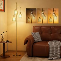 HOMCOM Industrial 3-Light Floor Lamp Dimmable Standing Lamp, Gold Gold