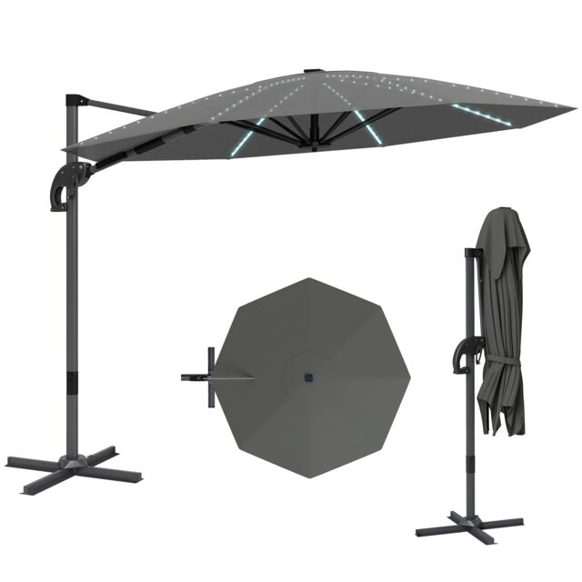 Outsunny 3m Cantilever Garden Parasol with Solar Powered Lights, Fibreglass Ribs, Crank Handle & Cross Base, UPF 50, 360 Rotation, Overhanging Patio Umbrella for Patio Market, Dark Grey Grey Dark Grey
