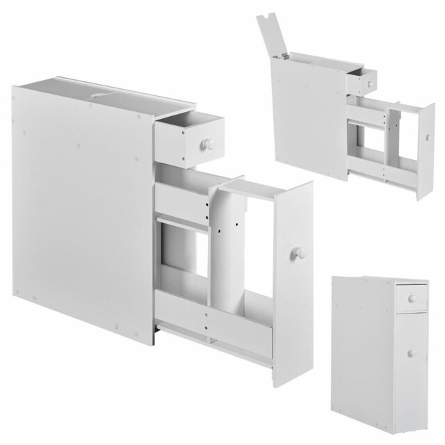 COSTWAY Bathroom Floor Cabinet Narrow Wooden Storage White White 1