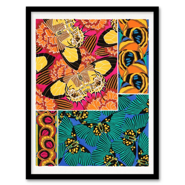 "Vintage Vibrant Butterflies Pattern Vintage Framed Wall Art Print Seguy 12x16"""