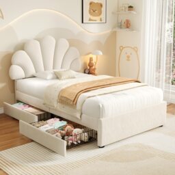 VILUXE 3ft Single Upholstered Bed with Adjustable Chic Petal Headboard, Soft Velvet Bed Frame with 2 Storage Drawers, Petal Bed with Solid Wood Slat, No Box Spring Needed, Easy Assembly, Beige