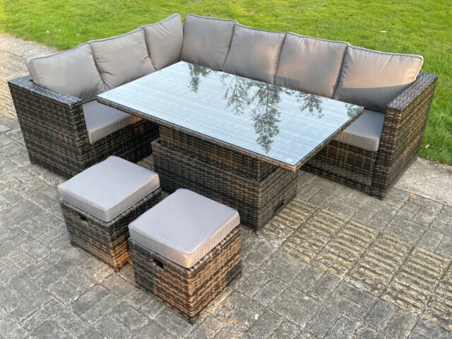 Fimous 8 Seat Dark Mixed Grey Rattan Garden Furniture Corner Sofa Set Adjustable Dining Or Coffee Table Left Side