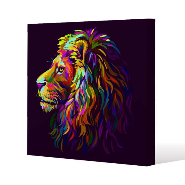 lion's head on a purple background in popart style (Canvas Print) / 46 x 46 x 4cm Multi