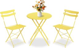 London Boutique Folding 3-Piece Metal Bistro Set, Outdoor Patio Table and 2 Chairs, Yellow