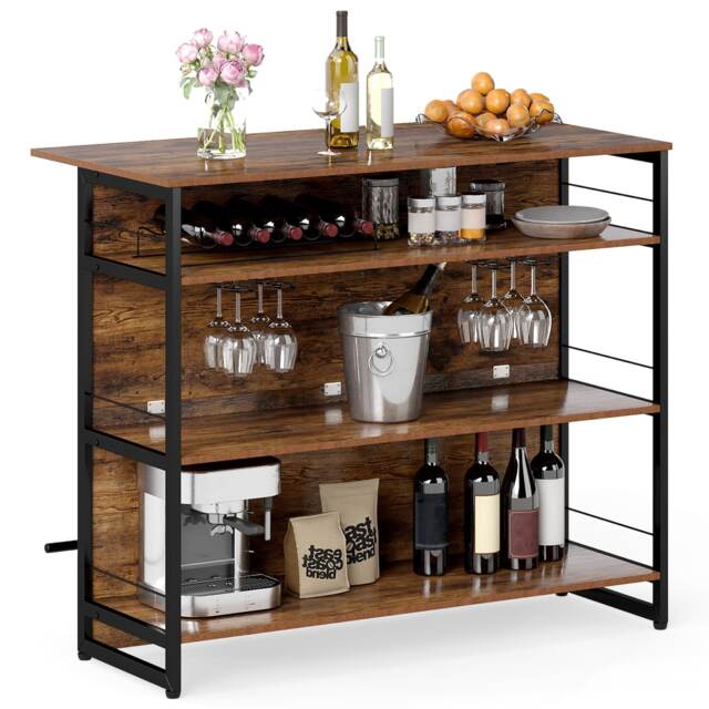 2-in-1 Home Bar Unit, Liquor Wine Cabinet w/4 Spacious Shelves, 4-row Glass Holders, 5-bottle Wine Racks, Ergonomic Footrest, Kitchen Pub Table, Perfect for Dining Room, Living Room, Bar