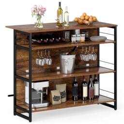 2-in-1 Home Bar Unit, Liquor Wine Cabinet w/4 Spacious Shelves, 4-row Glass Holders, 5-bottle Wine Racks, Ergonomic Footrest, Kitchen Pub Table, Perfect for Dining Room, Living Room, Bar