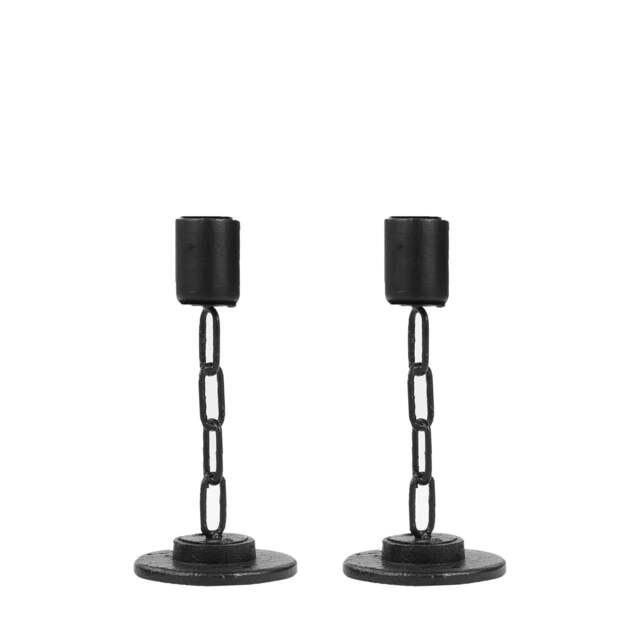 Black Metal Chain Link Design Candle Holder With Wooden Stand Home Decor Black Black Set Of 2 - Small