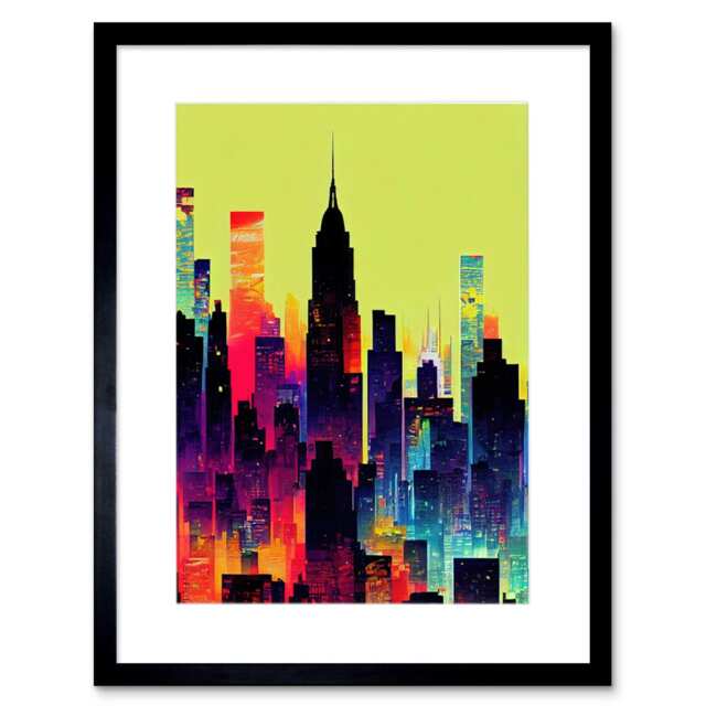 "New York Vibrant Colourful Skyscraper Cityscape 9x7"" Black Framed Wall Art Print"