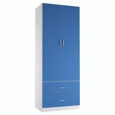 White 2-Door 2-Drawer Wardrobe. Blue Accent Colour: Blue