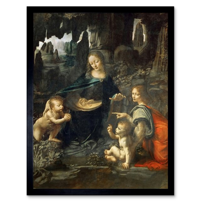 "Leonardo Da Vinci Virgin Of The Rocks Painting 12x16"" Framed Wall Art Print"