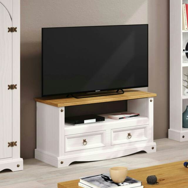 Corona Flat Screen TV Unit - Antique Waxed Pine Media Cabinet with Drawers, Shelf, and Traditional Mexican Design White White 1