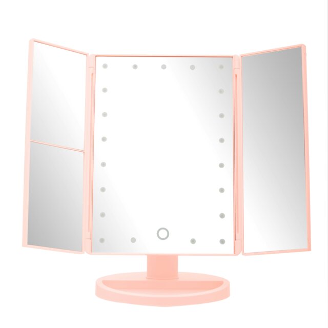 Orsina Portable Tri Fold Pink Led Table Mirror, Tri Fold Design Table Mirror, Versatile Small Mirrored Table