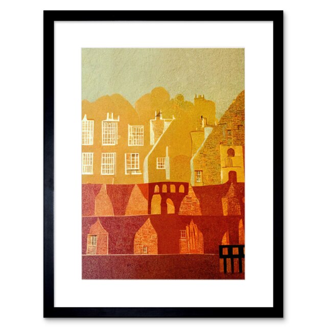 "Vintage Folk Art Mid Century Cityscape Abstract 9x7"" Black Framed Wall Art Print"