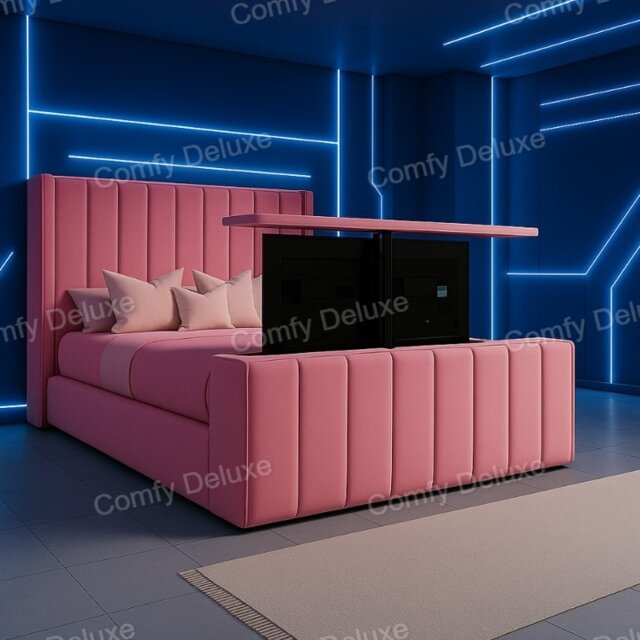 Pink Plush 5FT Kingsize Zaya Tv Bed Frame Only With 54inch Headboard Solid Bed