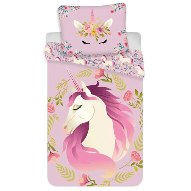 Cotton Floral Unicorn Duvet Cover Set - Lilac - Single Purple Single