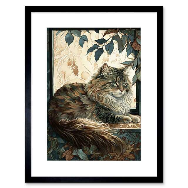 "Siberian Cat Perched Window Sill Autumn Modern 9x7"" Black Framed Wall Art Print"