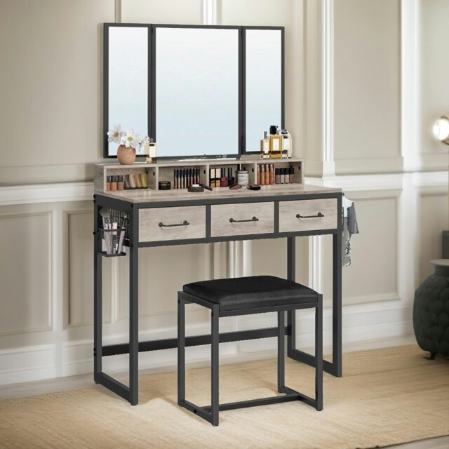 3 Drawer Dressing Table With Mirror And Stool Greige Grey