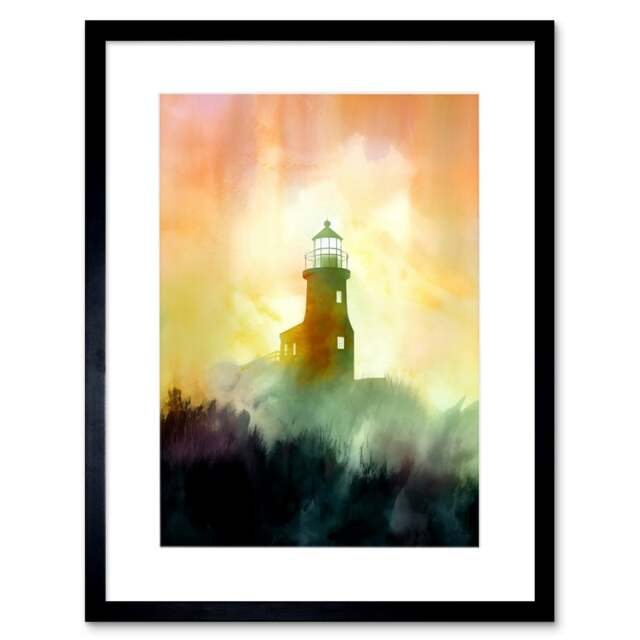 "Lighthouse Fog Watercolour Soft Atmospheric Coastal 9x7"" Black Framed Wall Art Print"