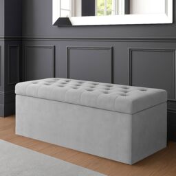 120cm SD Ottoman Storage Box, Silver Velvet Upholstered Chesterfield Storage Ottoman Box